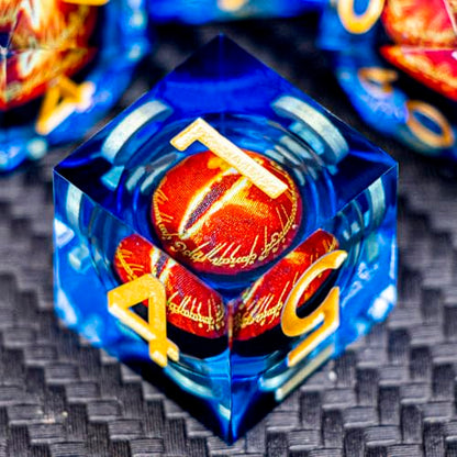 ARUOHHA DND Resin Dice Gazes Eye Dice Golden Blue Liquid Core Flaming RPG Sharp Edged Dice Set with Gift Box, Polyhedral D and D Dice Set Compatible with Dungeons Dragons Role Playing Game D20 D6 - color: Sl01-blue Gold