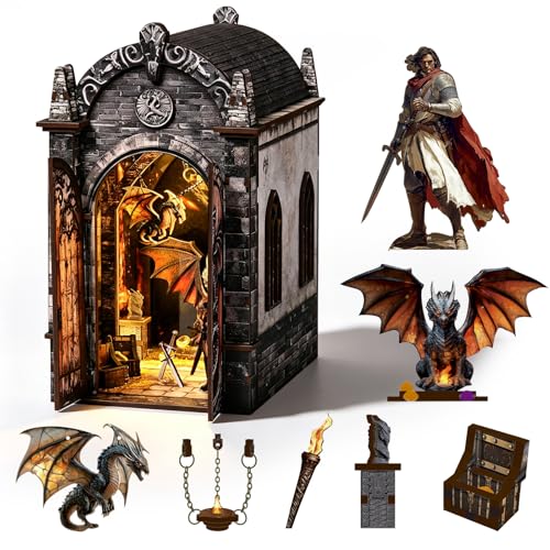 DIY Book Nook Kit, 3D Wooden Puzzle for Adults, Miniature House Kit with Touch LED Light, Gothic Bookshelf Insert Decor, Creative Hobby Gift for Fantasy Lovers (Dragons Treasure Labyrinth) - style: Dragons Treasure Labyrinth