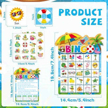 39Pcs Pool Party Bingo Game for Adults Kids 24 Players Summer Party Bingo Game Cards with Reward Stickers for Family Friend Student Large Group Activities Hawaiian Tropical Beach Parties Supply Favors - style: Pool Party
