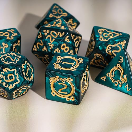 7-Die DND Dice Set Dragon Pattern Polyhedral Die with Leather Bag D&D Dice Set for RPG Table Games (Green W/Gold Dragon Pattern) - color: Green W/Gold Dragon Pattern