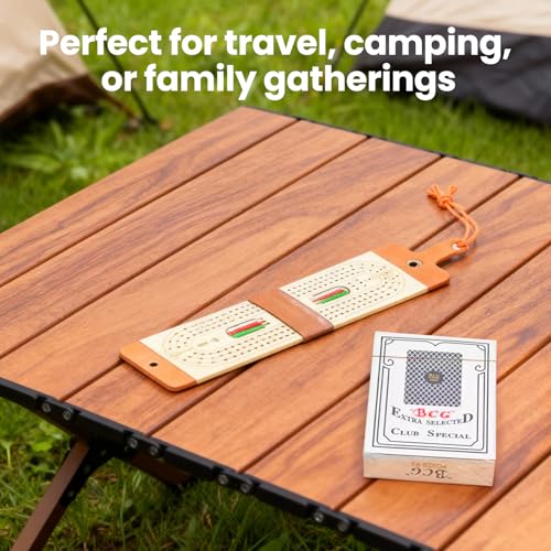 Foleto Travel Cribbage Board Game – 3-Track Leather Set w/Cards & Pegs | Folds 3.9x2.7x1.2in, unfolds 8in | wood+leather | 6 pegs+cards | 2-3 players | travel/camping/family