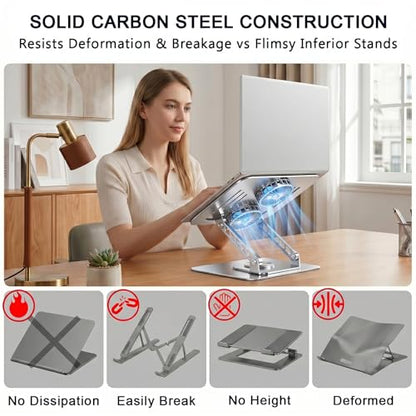 Laptop Stand with Cooling Fan, 360 Rotating Base Aluminum Laptop Riser, Foldable Ergonomic Computer Stand for Desk, Height Adjustable Notebook for All Laptops up to 17.3" (Silver) - color: Silver