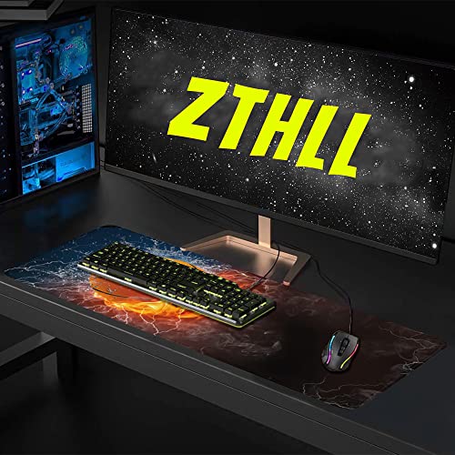 Desk Mat,Basketball Fire and Water Gaming Mouse Pad,XXL Extended Mouse Pad Mat for Office,Computer,Keyboard with Non-Slip Base Stitched Eges Mousepad 35''×15.7''×0.12'' - color: Basketball Fire and Water