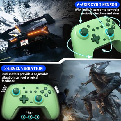 SZYUYU Switch Controller for Switch 2,Switch Pro Controller for Switch/OLED/Lite/PC with 7 Colors LED Light/3-level TURBO Adjustable,4-Speed Dual Vibration/Hall Effect Sticks/Wake Up/Gyro Axis Motion - color: Green