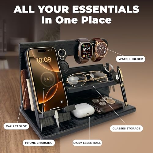 TESLYAR Wood Phone Docking Station for Men - Desk or Nightstand Organizer - Birthday Gifts for Husband, Dad - Anniversary Idea from Wife - Key Holder, Stand Wallet, Watch & Essentials (Granite Black) | Solid Ash Nightstand Organizer with Key Holder, Walle