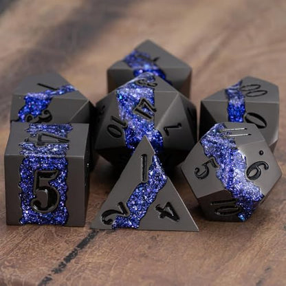 Galaxy Metal Dice Set, 7PCS Polyhedral DND Dice with Glitter Resin Inlay, Heavy Metal RPG Dice for Dungeons and Dragons Tabletop Games - color: Pearl Gun Purple