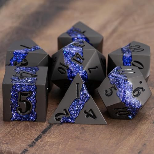 Galaxy Metal Dice Set, 7PCS Polyhedral DND Dice with Glitter Resin Inlay, Heavy Metal RPG Dice for Dungeons and Dragons Tabletop Games - color: Pearl Gun Purple