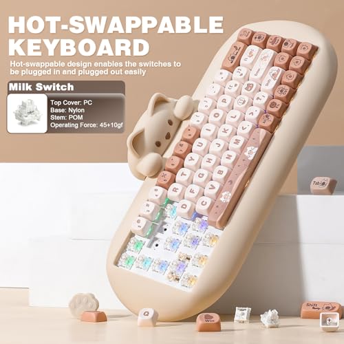 YUNZII C68 Wireless Mechanical Keyboard,65% Layout,Hot Swap,Triple Mode BT5.0/2.4G/Wired, RGB Backlit NKRO,Cute Cat Silicone Ergonomic Design for Win/Mac (Brown, Milk Switch) | Wireless Triple Mode BT5.0/2.4G/Wired, RGB Backlit NKRO, Cute Cat Silicone Erg