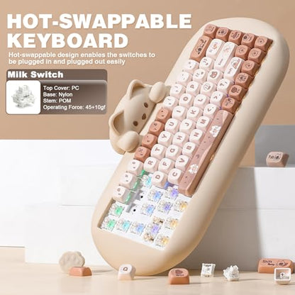 YUNZII C68 Wireless Mechanical Keyboard,65% Layout,Hot Swap,Triple Mode BT5.0/2.4G/Wired, RGB Backlit NKRO,Cute Cat Silicone Ergonomic Design for Win/Mac (Brown, Milk Switch) | Wireless Triple Mode BT5.0/2.4G/Wired, RGB Backlit NKRO, Cute Cat Silicone Erg