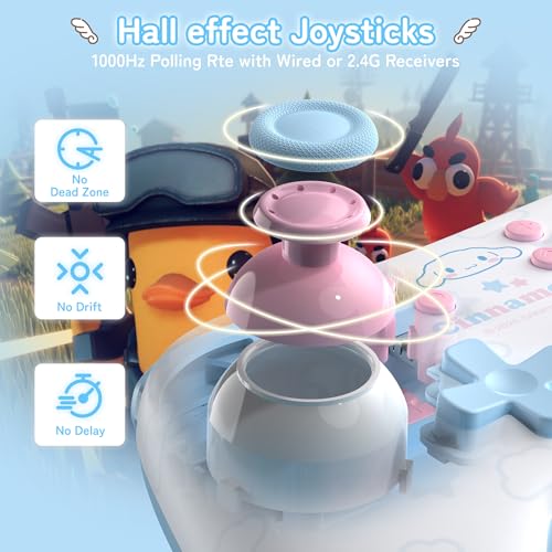 Kuitmor Cinnamoroll Switch Pro Controller, Cute Hall Effect Wireless Gamepad No Drift for Switch 2/Switch/OLED/Lite, PC/Steam, Android, iOS, Bluetooth + Wired, Turbo, Back Buttons, 6-Aixs Gyro, Wake-up, RGB (Blue, Without 2.4g Receiver) - color: Blue