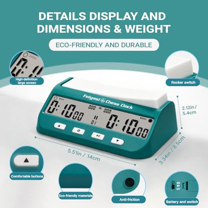 Chess Clock, Competition Specific Chess Timer, Portable Digital Electronic Large Screen Chess Clock,Suitable for Timers in Chess, Go, Checkers, and Other Board Games (Cyan) - color: Cyan