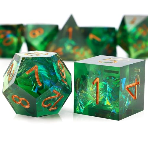 Haxtec Sharp Edge DND Dice Set, Holographic Resin Polyhedral RPG Dice | Green D&D Dice for Role Playing Games, Compatible with Dungeons and Dragons, Handmade 7-Die with Metal Case, TTRPG Gifts - color: Green Gold