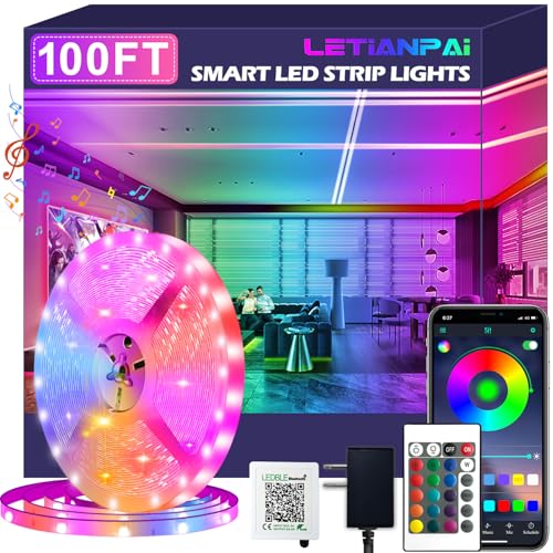 100ft Led Strip Lights,Long Smart Led Light Strips Music Sync 5050 RGB Color Changing Rope Lights,Bluetooth APP/IR Remote/Switch Box Control Led Lights for Bedroom,Home Decoration,Party,Festival - size: 100FT