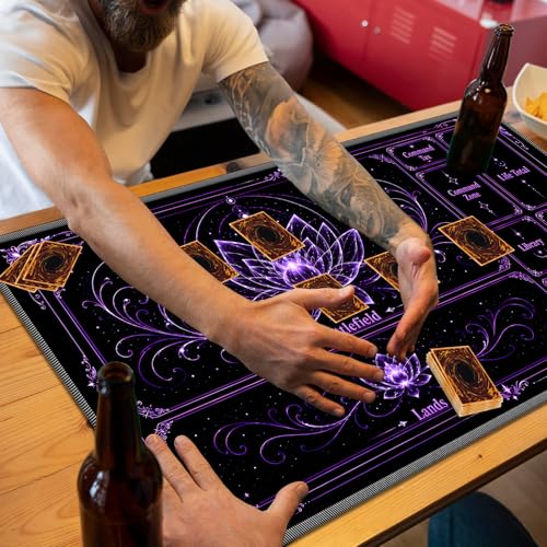 Playmat for MTG with Zones, 24 x 14 Inch Card Game Mat, Stitched Edges, Non Slip Rubber Base, 2mm Washable Play Mat with Storage Bag, Lotus Flower Design, Purple Color - color: Purple