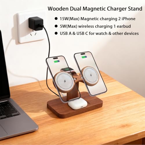 3 in 1 Wireless Charging Station for Apple Devices 24W Dual Phone Charging Station for 2 iPhone 17 16 15 14 13 12 Series iWatch 11 10 9 8 7 6 5 4 AirPod Magnetic Wireless Phone Charger Stand - color: With Apple watch charger