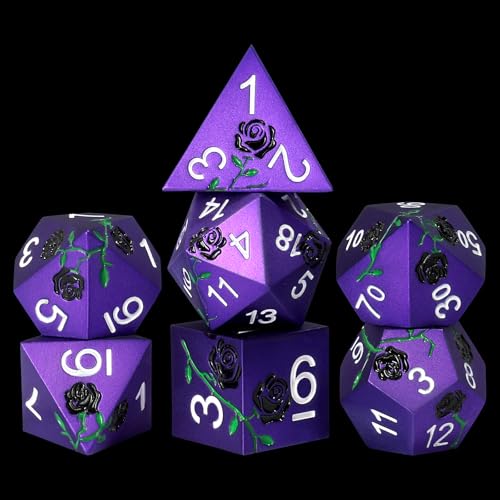 Rose Engraved Metal Dice Set 7PCS for DND RPG Tabletop Gaming | Solid zinc alloy build with 150g weight for balanced rolls(Purple with Black Rose) - color: Purple With Black Rose
