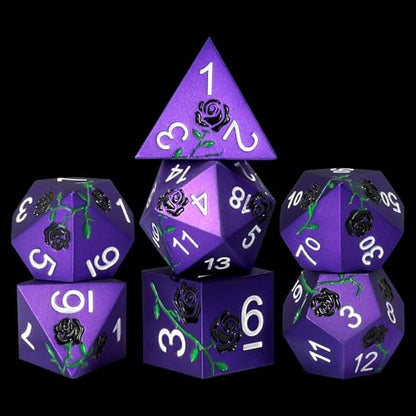 Rose Engraved Metal Dice Set 7PCS for DND RPG Tabletop Gaming | Solid zinc alloy build with 150g weight for balanced rolls(Purple with Black Rose) - color: Purple With Black Rose