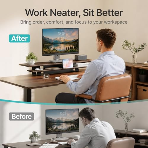 PEGZONE Dual Monitor Stand, Clamp-On Wooden Monitor Stands Riser for 2 monitors,41.7" Computer Monitor Riser for Desk, 2-Tier Desktop Organizer with Magnetic Back Panel for Computer & Laptops