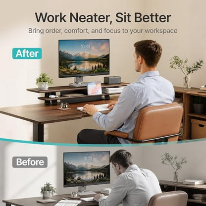 PEGZONE Dual Monitor Stand, Clamp-On Wooden Monitor Stands Riser for 2 monitors,41.7" Computer Monitor Riser for Desk, 2-Tier Desktop Organizer with Magnetic Back Panel for Computer & Laptops