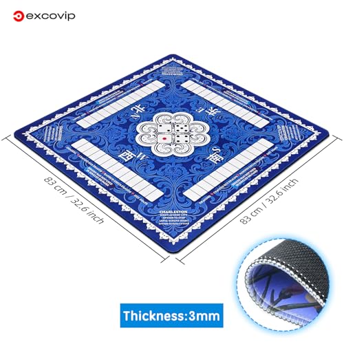 excovip Blue Mahjong Mat for Table (32.5Inch x 32.5Inch) with Black Carrying Bag, Mahjong Table Cloth with Rules,Noise Reduction Anti-Slip Game mat for Mahjong/Poker/Board Games/Card Games/Dominoes - color: 32.5x32.5inch-dark Blue
