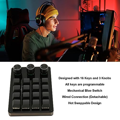 VBESTLIFE One Handed Macro Programmable Keyboard, 16 Keys 3 Knobs Blue Switch Mechanical Gaming Keyboard, Gaming Keyboard, Custom Shortcut, Detachable Cable, for Gaming Office