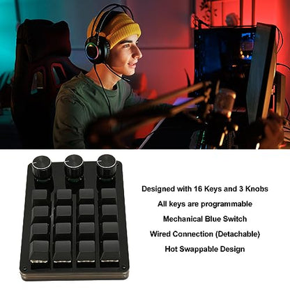 XUMIUZIY Programmable Macro Keyboard, 16 Key Macro Mechanical Gaming Keypad with 3 Knobs, One Handed Hot Swappable Switch Gaming Keyboard Wired, for Gaming Office Media