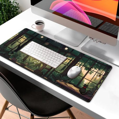 Cute Lofi Desk Mat Green Plants Mouse Pad Large Black Cat Aesthetic Desk Pad Kawaii Anime Extended Gaming Mousepad XL Laptop Keyboard Mouse Mat Deskmat 31.5"x11.8" Cute Office Decor - color: Green Plants