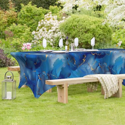 Famame Ink Blue Marble Texture Rectangular Fitted Tablecloth- 6Ft Stretch Spandex Table Covers Patio Design Tablecloths for Wedding Banquet Party (72Lx30Wx30H) - color: Ink Blue Marble, size: 3" x 1" (Rectangular)
