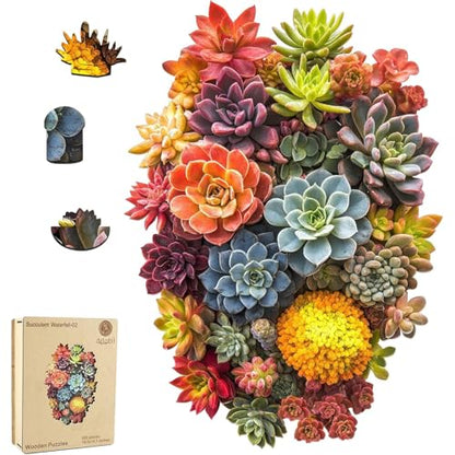 Delobi Succulent Waterfall Wooden Puzzles, 500 Pieces Jigsaw Puzzles 18.5'' x13.1'', Unique Design Wooden Puzzles for Adults and Kids, Family Game Gift Royal Size - color: Succulent Waterfall-02, size: 500Pcs