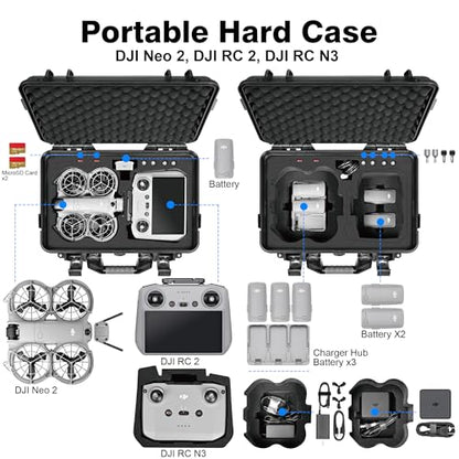 Lekufee Waterproof Hard Carrying Case for DJI Neo 2, Fly More Combo, DJI RC 2/RC N3, Battery(5 pcs), Charging Hub, and other Accessories(Case Only)
