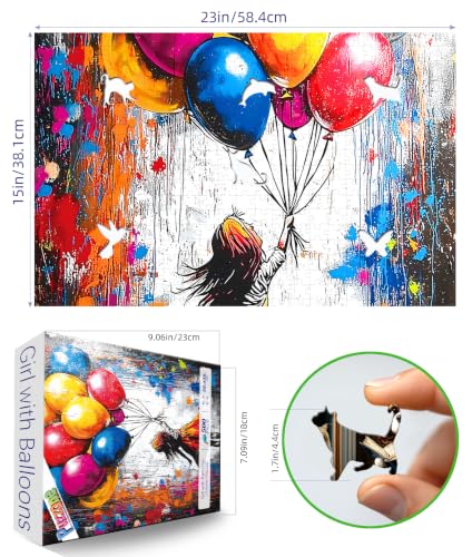 500 Piece Puzzles for Adults, Street Art Graffiti Girl with Colorful Balloons Puzzle, Vibrant Urban Art Puzzle Letter on Back, Family Activity Great Gift 23 x 15 in - color: Girl Balloons
