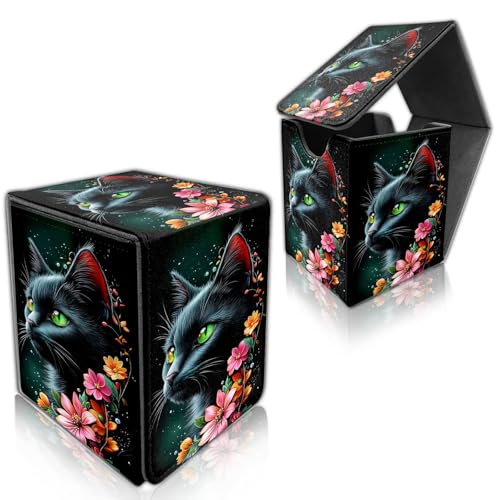 for MTG Deck Box, Trading Card Storage Case Holds 100+ Sleeved Cards, Black Cat with Colorful Flowers Magnetic Closure Durable Deck Holder for Magic The Gathering, TCG & Commander - color: Black Cat with Colorful Flowers