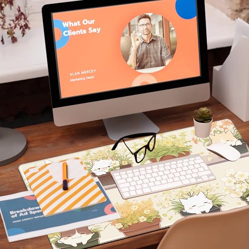 Desk Pad, Cute Cat Potted Plant Desk Mat, Anime Kawaii Cat Large Gaming Mouse Pad for Desk, 31.5"x15.7" Extended Big Computer Keyboard Mouse Pad with Non-Slip Base and Stitched Edge - color: Cute Cat Potted Plant