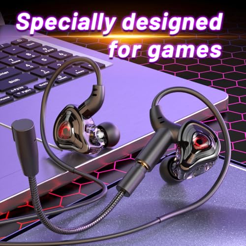 Gaming Earbuds with Mic, in-Ear Gaming 3.5mm Headphones Wired with Microphone Dual Audio Noise Cancelling in Ear Eear Buds Compatible for PC/PS5/PS4/Xbox/Nintendo/Switch/Mobile