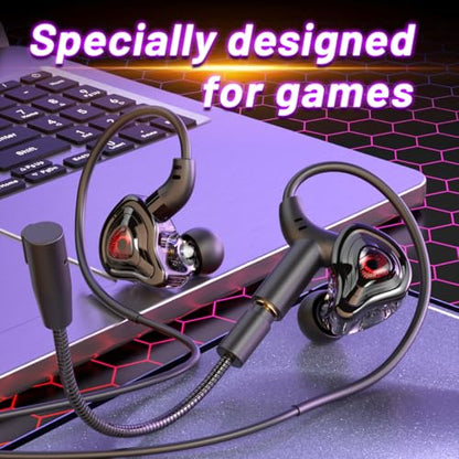 Gaming Earbuds with Mic, in-Ear Gaming 3.5mm Headphones Wired with Microphone Dual Audio Noise Cancelling in Ear Eear Buds Compatible for PC/PS5/PS4/Xbox/Nintendo/Switch/Mobile