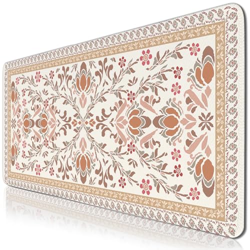 Gaming Mouse Pad, Large BohemianFloral Computer Keyboard Mousepad, Flower Mouse Mat Big Non-Slip Base Stitched Edges, Desktop Decor Mat for Home Office 15.7”x 35.4” XXL Gift for Christmas - color: Khaki-Bohemian, size: XX-Large