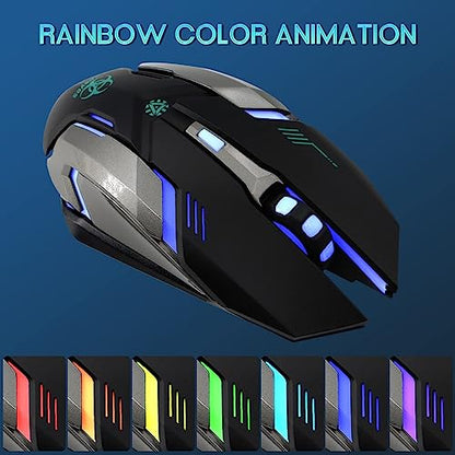 VEGCOO Wireless Gaming Mouse, C8 Silent Click Wireless Rechargeable Mouse with Colorful LED Lights and 3 Level DPI 400mah Lithium Battery for Laptop and Computer (Black) - color: Black
