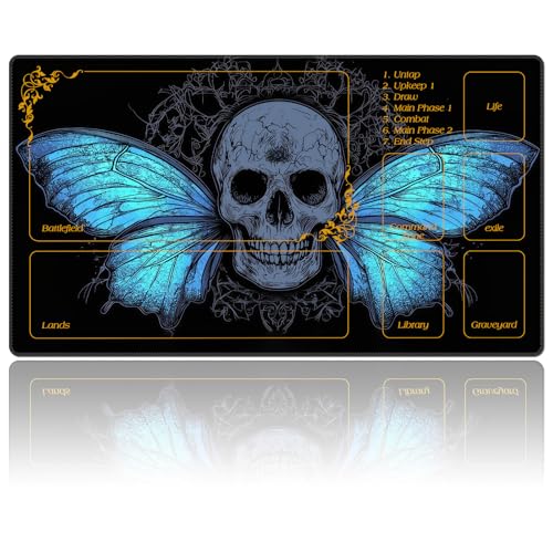 DEGDFSGR for MTG Playmat with Zones 24 x 14 inches for TCG Playmats Non-Slip Rubber Base Commander Play Mat for MTG Mat Iorcana Trading Card Game, Blue Butterfly Skull - color: Blue Butterfly Skull, size: 24" x 14"