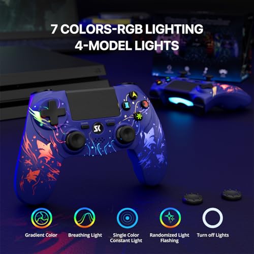 ISHAKO 2 Pack Controller for PS4, Wireless Controller for PS4/Pro/Slim/PC/Mac, Gaming Controller with RGB Lighting, 1000mAh Battery, Double Vibration, 6-Axis Motion Control (Purple&Black, 2Pack) - color: Purple&Black
