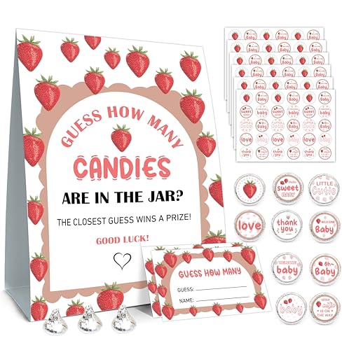 Guess How Many Candies Game Set - 50 Guessing Cards, Standing Sign, 180 Candies Stickers for Strawberry Baby Showers & Birthday Parties - color: Red