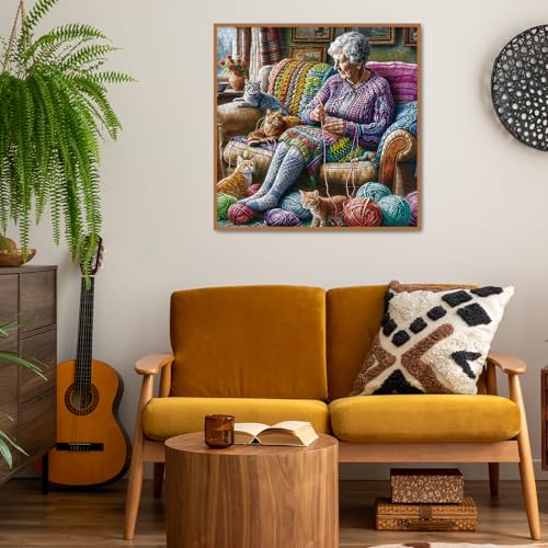 Grandma Knitting Puzzle for Adults 1000 Pieces, Cute Cat Jigsaw Puzzle, Cozy Colorful Art Puzzle