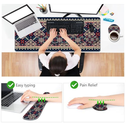 AIMSA Desk Mat Set Bohemian, Large Mouse Pad + Mouse Wrist Rest + Keyboard Wrist Support + Coaster, Navy Blue Gaming Mouse Pad Combo for Home Office - color: Bohemian Navy Blue