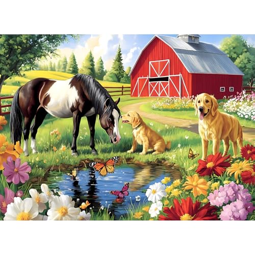 300 Piece Puzzle for Adults, Golden Retriever Horse on Farm Scenic Landscape Jigsaw Puzzle, Jigsaw Puzzles for Adult 300 Piece, Challenging Yet Relaxing 300 Pieces Puzzle Game for Kids Adults Seniors - style: Horse
