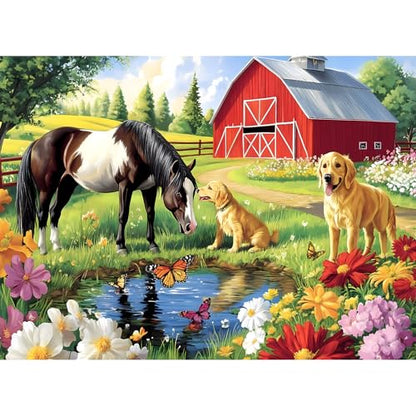 300 Piece Puzzle for Adults, Golden Retriever Horse on Farm Scenic Landscape Jigsaw Puzzle, Jigsaw Puzzles for Adult 300 Piece, Challenging Yet Relaxing 300 Pieces Puzzle Game for Kids Adults Seniors - style: Horse