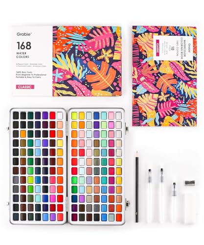 Grabie Watercolor Paint Set, Watercolor Paints, 168 Colors, Painting Set with Coloring Book, Water Brushes and Drawing Pencil, Art Supplies, Perfect Starter Kit for Watercolor Painting, Set of 168 - color: 168 Colors