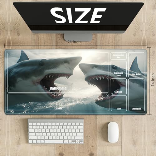 Board Game Mat TCG Playmat Plus 50 Pcs Card Sleeves, 24 x 14 inches Table Mats Games Mousepad with Zones Smooth Surface for MTG RPG CCG Trading Card Game Play Mats, Sharks - color: Sharks, size: Zone 1