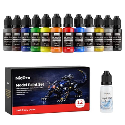 Nicpro 12 Colors Model Paint Set, Enamel-Like Gloss Finish, 20ml Ready to Use Modeling Acrylic Paints, Brush & Airbrush Compatible, Miniature Paint Set for on Model Cars, Figures, Crafts, with Thinner - color: 12 Colors
