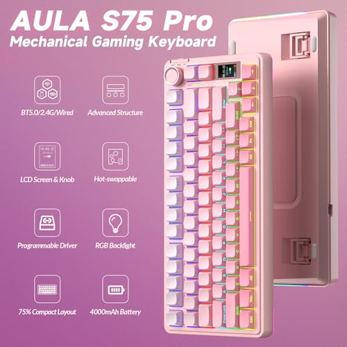 AULA S75 PRO Wireless Mechanical Keyboard with Screen&Knob, Tri-Mode Hot Swappable Gaming Keyboard 75%, Pre-lubed Switches, RGB Backlit, Side Printed PBT Keycaps, Creamy Sounding Pink Keyboards - color: Gradient Pink