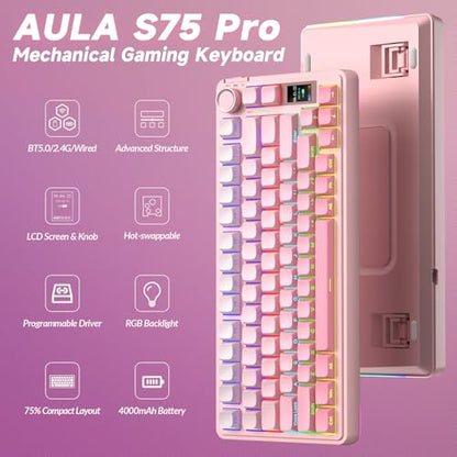 AULA S75 PRO Wireless Mechanical Keyboard with Screen&Knob, Tri-Mode Hot Swappable Gaming Keyboard 75%, Pre-lubed Switches, RGB Backlit, Side Printed PBT Keycaps, Creamy Sounding Pink Keyboards - color: Gradient Pink