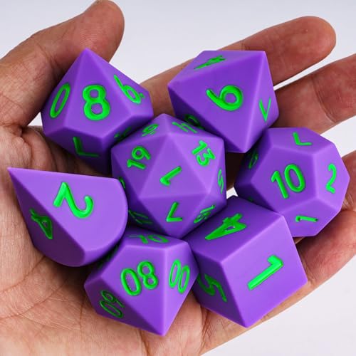 7-Piece Jumbo Silicone DND Dice Set, 25mm Oversized D&D Dice | Round Edges Soft Perfect Bouncer Compatible with Dungeons and Dragons RPG Bar Pub Club Party Games - color: Purple W/Green Numbers
